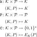 k: K × P → K
  (K,P ) ↦→ K

P: K × P → P
  (K,P ) ↦→ K
C: K × P → {0,1}∗

  (K,P ) ↦→ EK (P )
