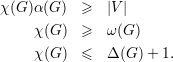 χ (G )α(G ) ≥   |V |
     χ(G ) ≥   ω(G )

     χ(G ) ≤   Δ (G )+ 1.
