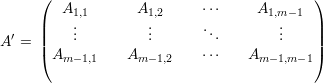      (                                     )
        A1,1      A1,2     ⋅⋅⋅     A1,m-1
     |    ..         ..      ..         ..    |
A′ = ||    .         .        .        .    ||
     ( Am -1,1    Am -1,2   ⋅⋅⋅    Am -1,m- 1)
